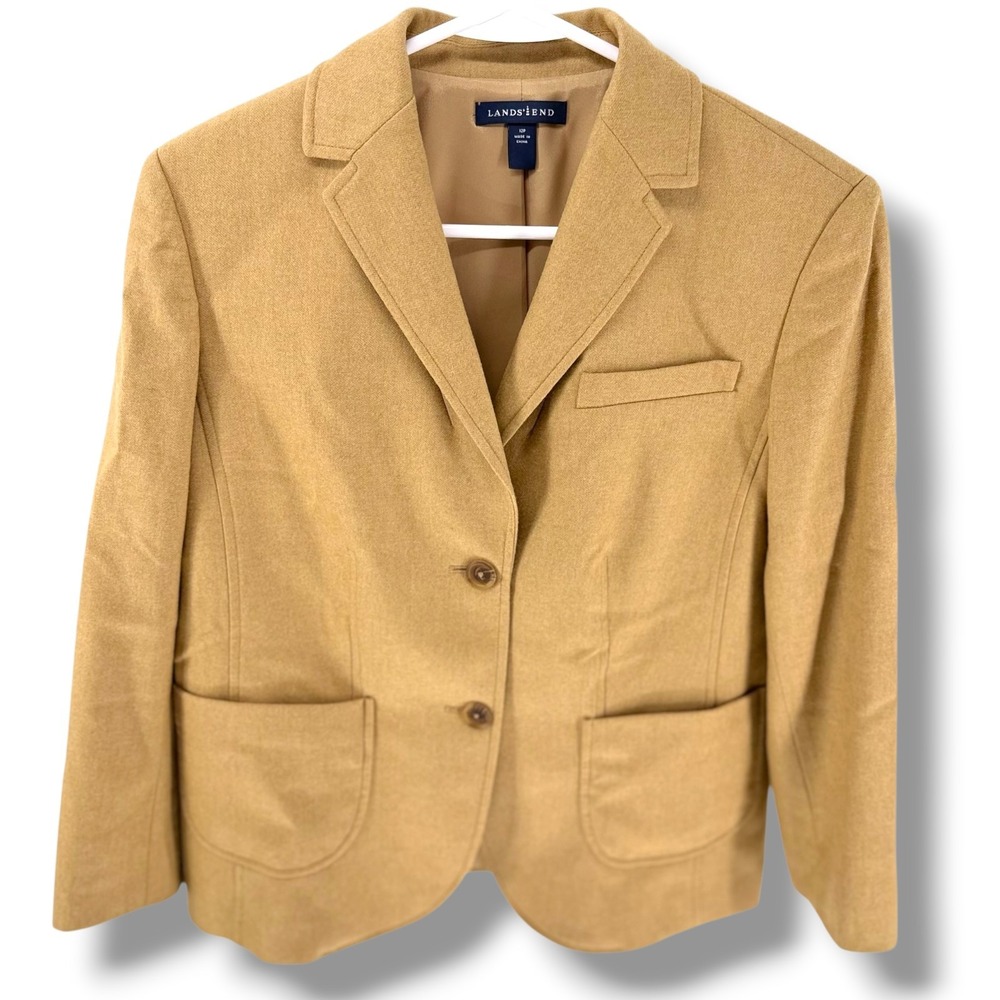 Lands End Womens 12P Wool Cashmere Blazer Camel Tan 2-Button Jacket Petite